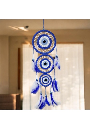 Nazar Motifli Üç Çemberli Kuş Tüylü Mavi Duvar Süsü 02-10mm 5yards