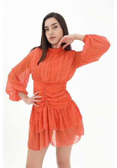 Büzgülü Puantiyeli Şifon Elbise - Turuncu-turuncu
