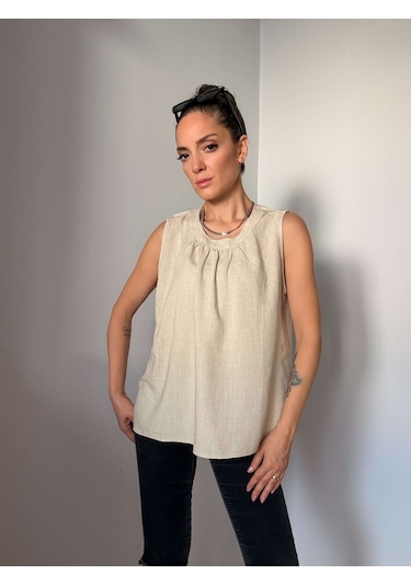 Ali Butik Taş Rengi Bisiklet Yaka Keten Bluz Taş