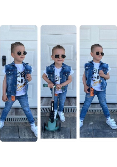 Uğur Böceği Çocuk Kurt Desenli Kot Yelekli Pantolon Tshirt Üçlü Erkek Takım 2-12 Yaş Mavi