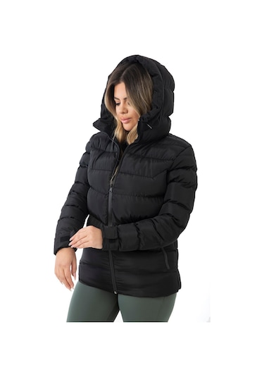 Kadın Siyah Kapüşonlu Içi Polarlı Kürklü Su Geçirmez Rüzgara Dayanıklı Şişme Mont Kaban Parka Siyah