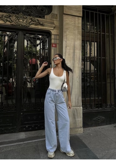 Kadın Arkadan Yırtmaçlı Jeans Kot Palazzo Pantolon - Mavi Mavi