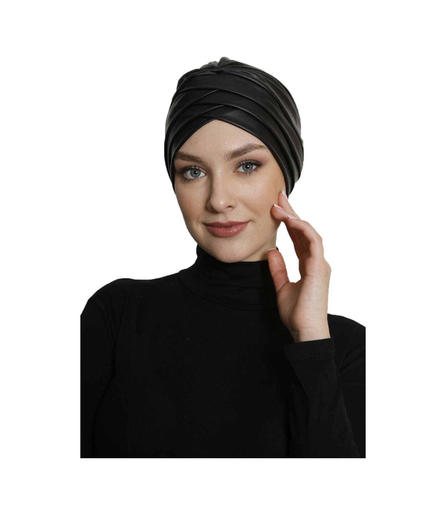 Üç Bantlı Deri Siyah Astarlı Hazır Türban Tesettür Bone Siyah