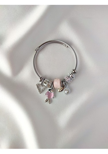Gümüş Renk Pembe Balık Charmlı Çelik Bileklik - 3158 Çok Renkli