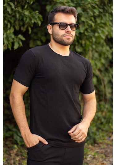 Erkek Siyah Krep Kumaş Rahat Salaş Esnek Bisiklet Yaka T-shirt 23etshtarp 001