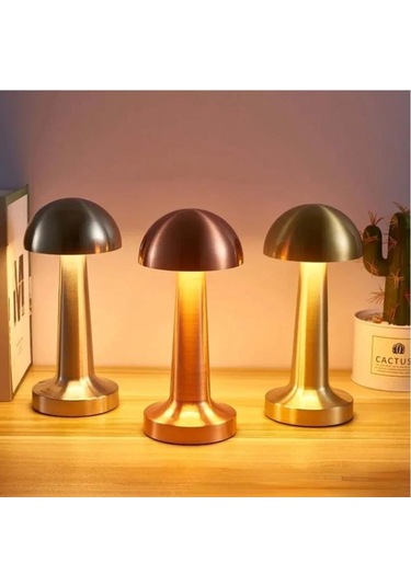Mantar Başlı Masa Lambası Şarjlı Dokunmatik Gece Işığı Lüks Başucu Lambası Eskitme Gold