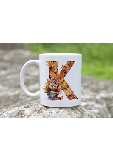 K Harf Sonbahar Yaprak Temalı Kupa Bardak - Sevimli Figürler İle Alfabe Harfli Bardak - Kişiye Özel Beyaz