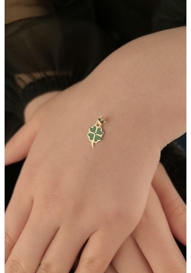 Fiyonk Kuyumculuk 14 Ayar Altın Yeşil Küçük Yonca Kolye Ucu 001