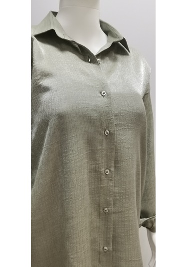 Kadın Uzun Kollu Salaş Parlak Simli Pamuk Gömlek Mint Yeşili