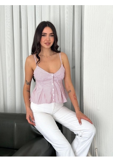 Askılı Dekolte Deraylı Crop - Kırmızı Kırmızı