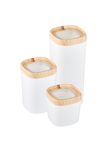 Ceronni Bonny Erzak Saklama Kabı 3lü Set Ahşap Kaplama Kapak Renkli Hazne 1,8lt - 1lt - 600ml Açık Ahşap Ahşap