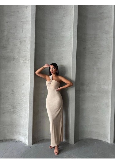 Tek Omuz Pliseli Elbise Bej