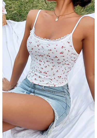 Merry See Çiçek Desenli Askılı Atlet Bluz Crop Top Çok Renkli