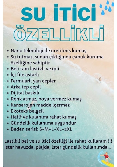 Uzun Boy Model Su İtici Özellikli Dijital Baskılı Erkek Plaj Deniz Şort Mayo 001