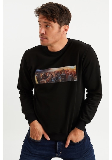 Mysport 5012 Erkek Bisiklet Yaka Baskılı Sweatshirt-siyah Siyah