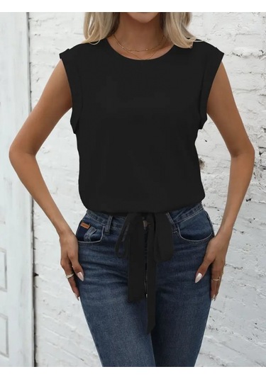 Sensuelle Kadın Sıfır Kol Etek Ucu Bağlama Detay Ithal Krep Bluz Siyah