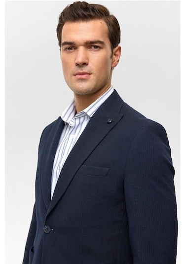 Süvari Lacivert Slim Desenli Mono Yaka 6 Drop Ceket Lacivert