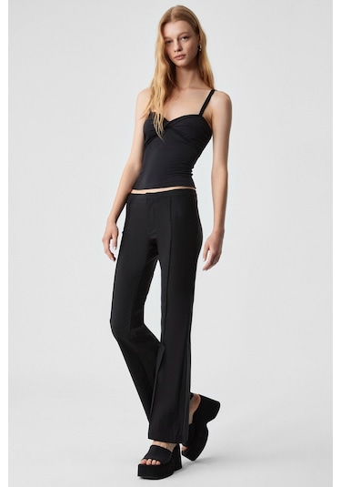 GRIMELANGE Efılıus Kadın Slim Geniş Paça Fermuarlı Siyah Pantolon Siyah