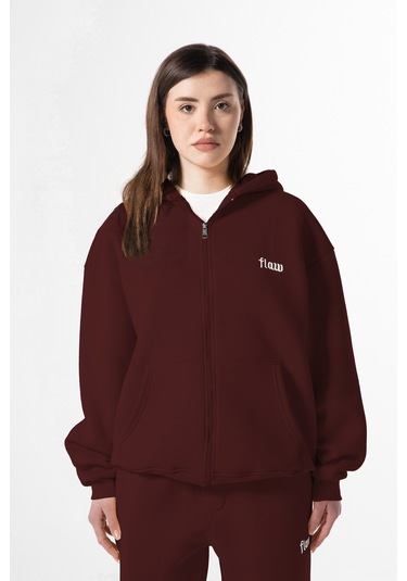 Flaw Nakışlı Zip Hoodie-28826 Bordo