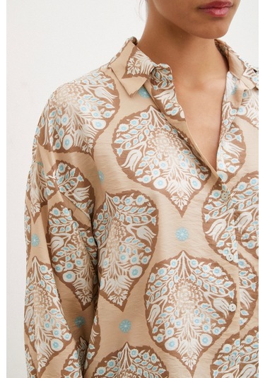 Never More Çini Desenli Modal Gömlek Kahve