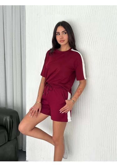 Osy Modal Yumuşak Dokulu Kumaş Kadın Parçalı Bisiklet Yaka T-shirt Kısa Şort İkili Takım - Bordo Bordo