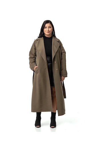 Büyük Beden Mono Yaka Kruvaze Kapamalı Yırtmaçlı Astarlı Uzun Haki Trençkot-haki Haki