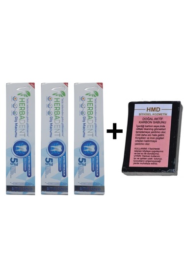 Herbadent Bitki Özlü Flörürsüz Diş Macunu 3 x 50 ML + Aktif Karbon Sabunu
