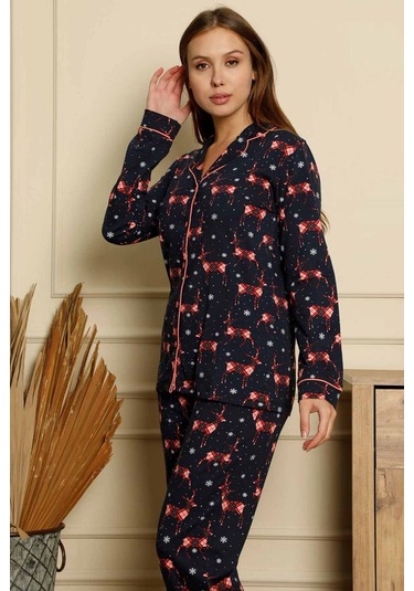 Kadın Lacivert Geyik Desenli Uzun Kollu Pijama Takımı EDY2621UK-L Lacivert