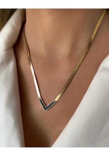 Italyan Zincir Siyah Mineli V Detay Çelik Kolye Altın