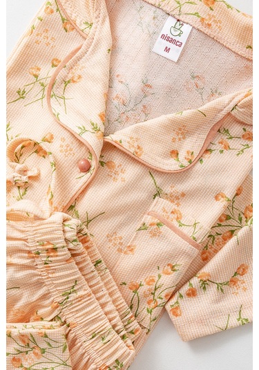 Uzun Kol Gömlek Yaka Kadın Pinterest Pijama Takımı - Mevsimlik Kadın Pijama- Geniş Beden Aralığı Turuncu