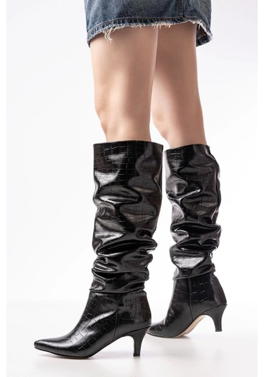 Sr-2001 Siyah Kroko İnce Topuklu Günlük Bayan Çizme Siyah