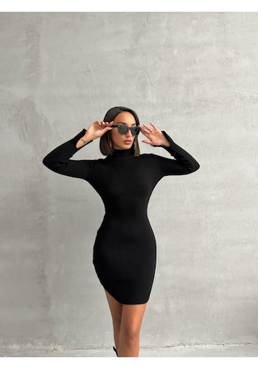 Kadın Dik Yaka Mini Triko Elbise Siyah
