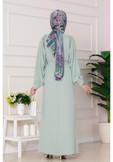 Omuzu Taş Detaylı Rose Elbise-mint Yeşili-4775 Mint Yeşili