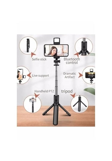 Led Işıklı Kablosuz Bluetooth Selfie Tripod 100 Cm Katlanabilir Monopod Telefon & Gopro Uyumlu