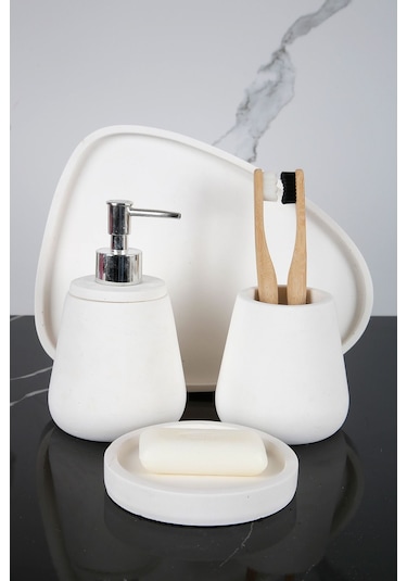 Betonmall 4 Parça Mermer Desenli Beton Banyo Seti Katı Sıvı Sabunluk Diş Fırçalığı Sunum Tepsisi - Sade Beyaz Sade Beyaz