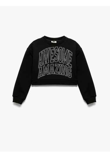 Koton Şardonlu Uzun Kollu Bisiklet Yaka Taş Detaylı Sweatshirt Siyah 6wkg10208ak Siyah