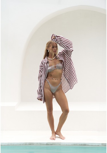 Rosy Transparan Çizgili Bordo Oversize Gömlek bordo