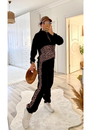 Modasize Kadın Uzun Kollu Leopar Detay Sweat Ve Yanı Leopar Şerit Detay Pantolon Ikili Takım Siyah