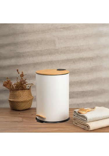 Bambu Kapaklı Pedallı Metal Çöp Kovası - 12 Lt. - Beyaz Beyaz