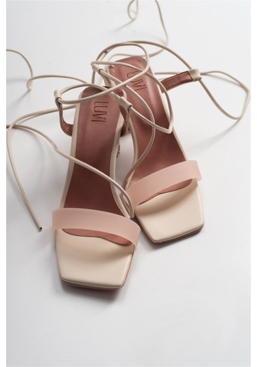 Tanya Ten Cilt Şeffaf Bantlı Bağcıklı Kadın Topuklu Sandalet Ten