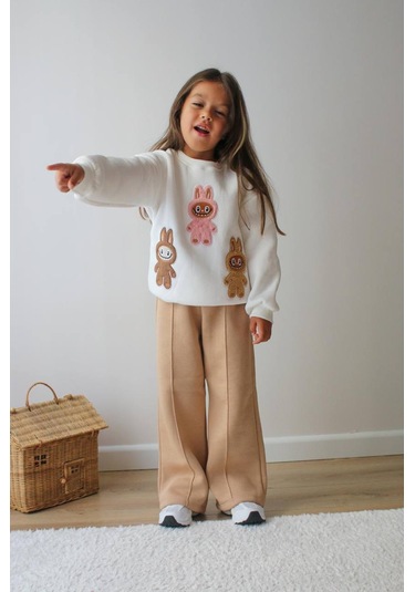 Kız Çocuk 3 İplik Şardonlu Peluş Baskı Detaylı Sweatshirt - Eşofman Alt Üst Takım 3riple Ekru