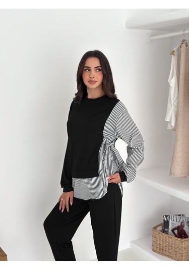 Modasize Kadın Gömlek Detay Çizgili Yandan Bağlamalı Ikili Takım Siyah