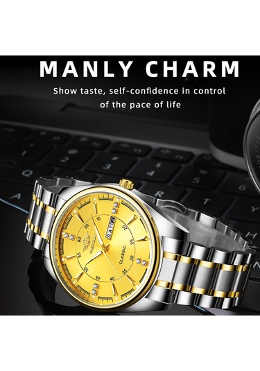 Yashıdun 5063 Çelik Kayış Şık Çift Kuvars Saat Aydınlık Takvim Bilek Saati - Siyah Kadran / Gümüş+altın Kayış / Kadın