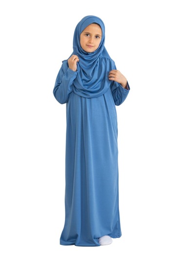 İki Parça Çocuk Elbisesi Seti Eşarp İle Takım İndigo