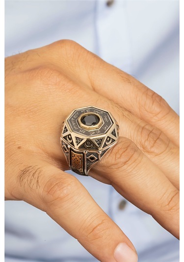 Özel Koleksiyon Ay Yıldız Motifli Korunma Duası Gümüş Erkek Yüzük -8416 Gümüş