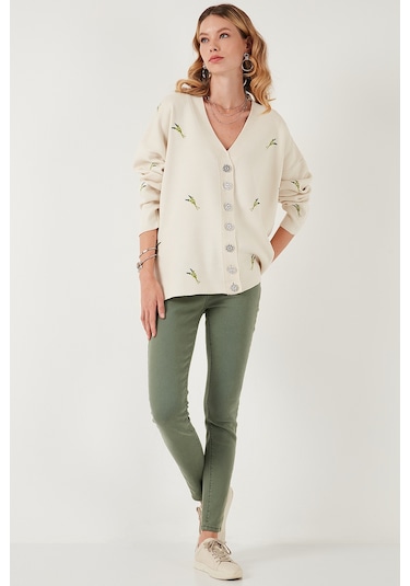 Lela Oversize Fit Desenli V Yaka Triko Bayan Hırka 4616193 Krem