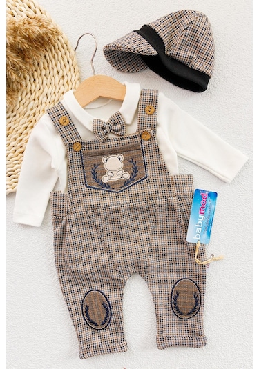 Vintage Desenli Şapkalı Erkek Bebek Tulum Salopet Takım 001