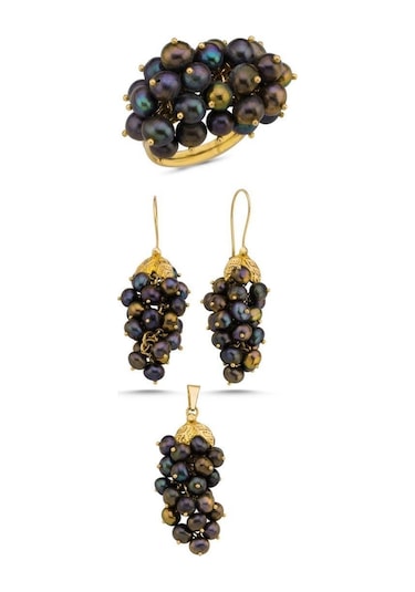 Üzüm Salkımı Doğal İnci Küpe Kolye Yüzük Üçlü Set - 19 / Sarı