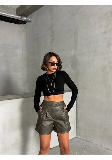Kazax İki Düğmeli Pileli Şort Haki