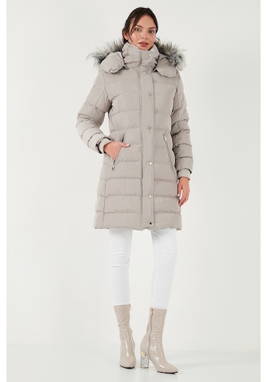 Lela Regular Fit Çıkarılabilir Kapüşonlu Fermuarlı Cepli Şişme Bayan Mont 497Emily Taş